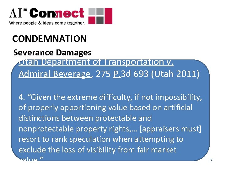CONDEMNATION Severance Damages Utah Department of Transportation v. Admiral Beverage, 275 P. 3 d