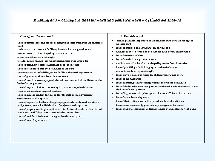 Building nr 3 – contagious diseases ward and pediatric ward – dysfunction analysis 1.