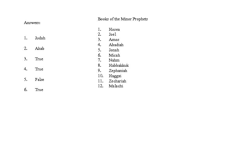 Answers: 1. Judah 2. Ahab 3. True 4. True 5. False 6. True Books