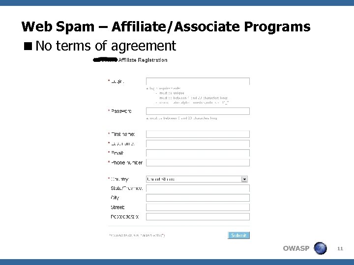 Web Spam – Affiliate/Associate Programs <No terms of agreement OWASP 11 