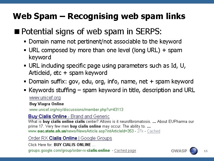 Web Spam – Recognising web spam links <Potential signs of web spam in SERPS: