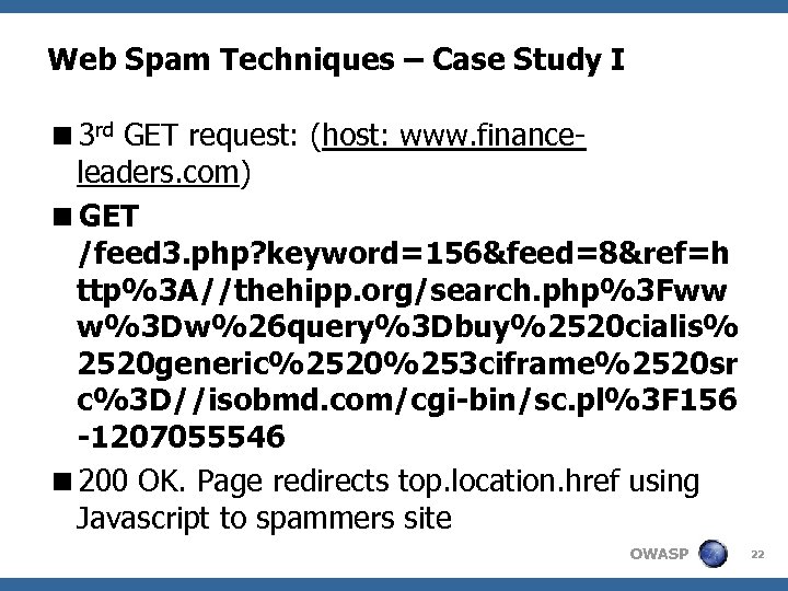 Web Spam Techniques – Case Study I <3 rd GET request: (host: www. financeleaders.