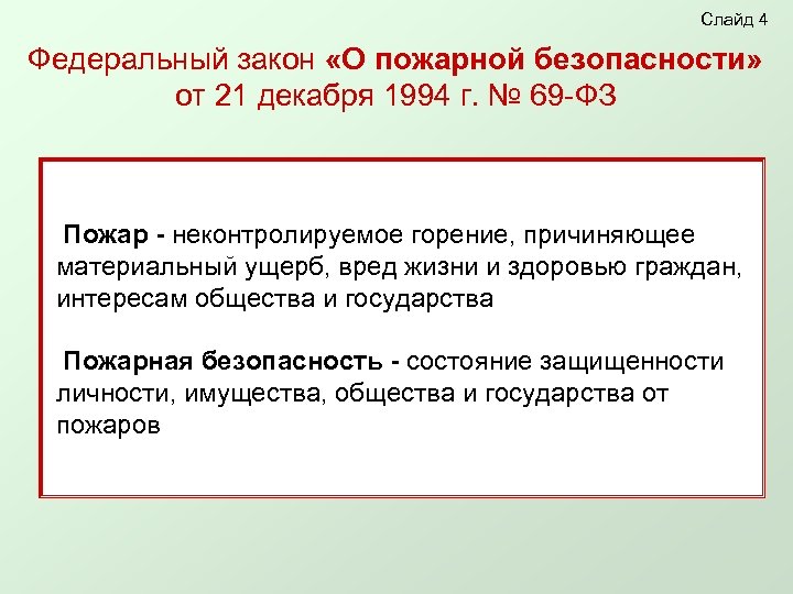 Слайд 4 Федеральный закон «О пожарной безопасности» от 21 декабря 1994 г. № 69