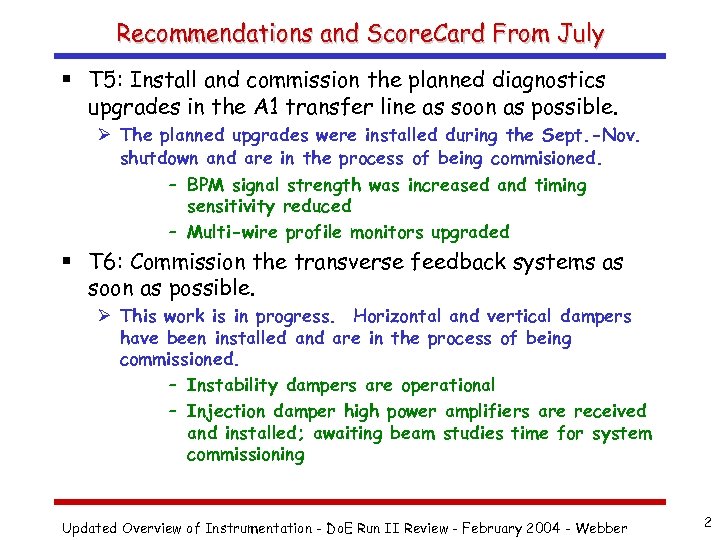 Recommendations and Score. Card From July § T 5: Install and commission the planned