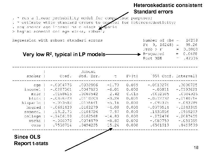 Heteroskedastic consistent Standard errors Very low R 2, typical in LP models Since OLS
