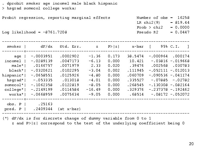 . dprobit smoker age incomel male black hispanic > hsgrad somecol college worka; Probit