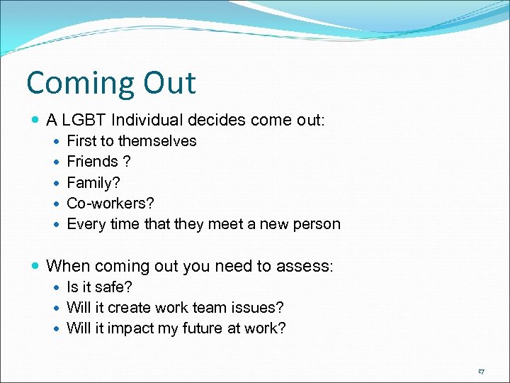 Coming Out A LGBT Individual decides come out: First to themselves Friends ? Family?