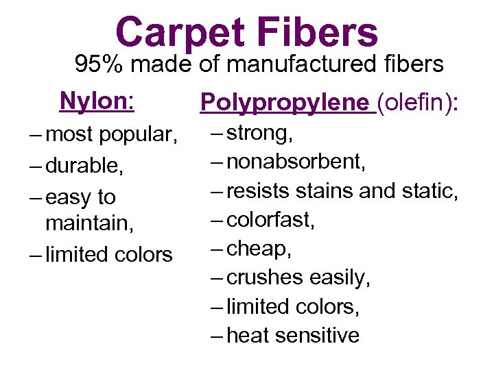 Carpet Fibers 95% made of manufactured fibers Nylon: – most popular, – durable, –