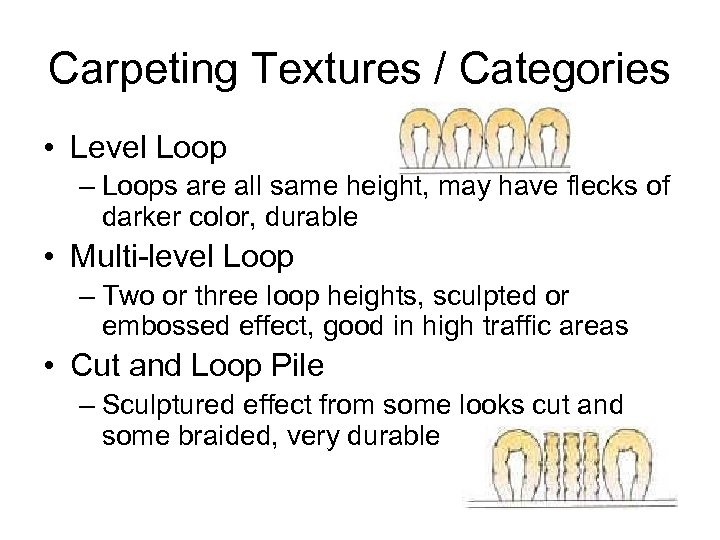 Carpeting Textures / Categories • Level Loop – Loops are all same height, may