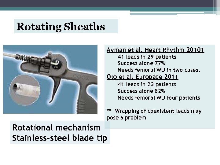 Rotating Sheaths Ayman et al. Heart Rhythm 20101 41 leads in 29 patients Success