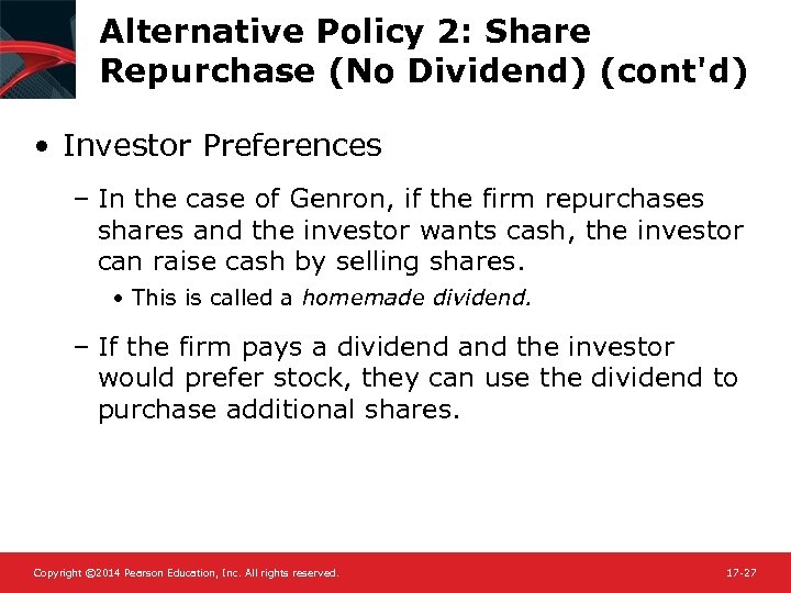 Alternative Policy 2: Share Repurchase (No Dividend) (cont'd) • Investor Preferences – In the