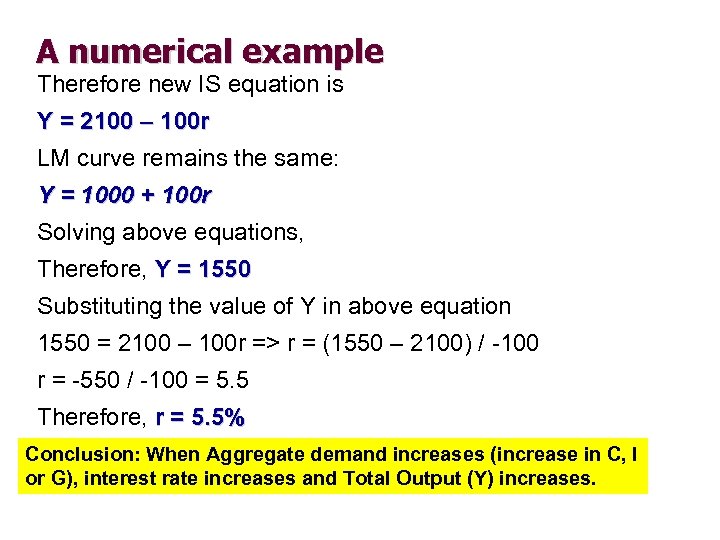 A numerical example Therefore new IS equation is Y = 2100 – 100 r