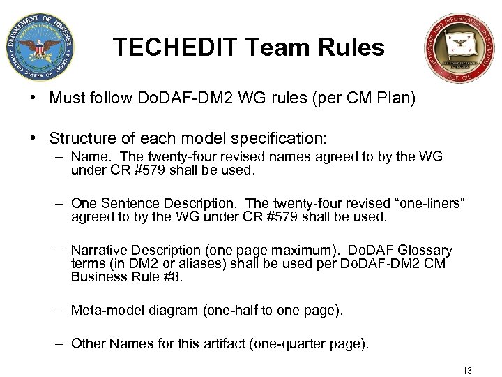 TECHEDIT Team Rules • Must follow Do. DAF-DM 2 WG rules (per CM Plan)