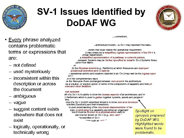 SV-1 Issues Identified by Do. DAF WG • • • Name: Systems Interface Description