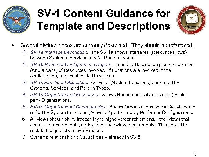 SV-1 Content Guidance for Template and Descriptions • Several distinct pieces are currently described.