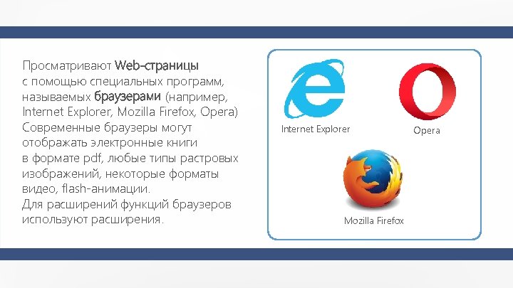 Просматривают Web-страницы с помощью специальных программ, называемых браузерами (например, Internet Explorer, Mozilla Firefox, Opera)