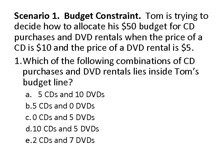 Scenario 1. Budget Constraint. Tom is trying to decide how to allocate his $50