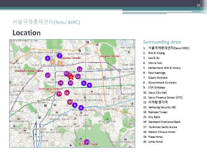18 서울국제중재센터(Seoul IDRC) Location Surrounding Area 2 1. 2. 3. 4. 5. 6. 7.