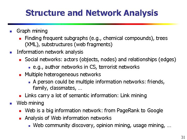 Structure and Network Analysis n n n Graph mining n Finding frequent subgraphs (e.