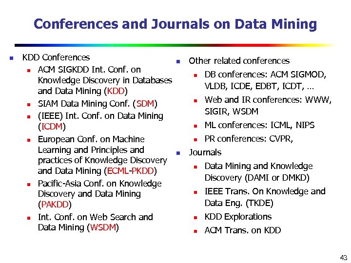 Conferences and Journals on Data Mining n KDD Conferences n ACM SIGKDD Int. Conf.