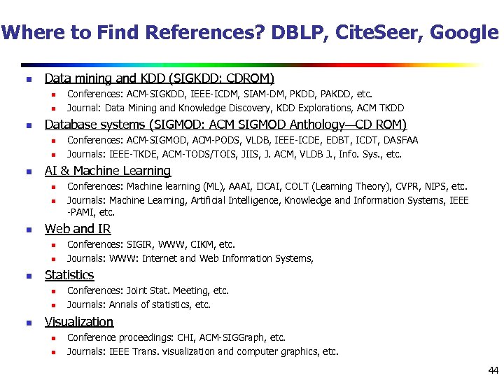 Where to Find References? DBLP, Cite. Seer, Google n Data mining and KDD (SIGKDD: