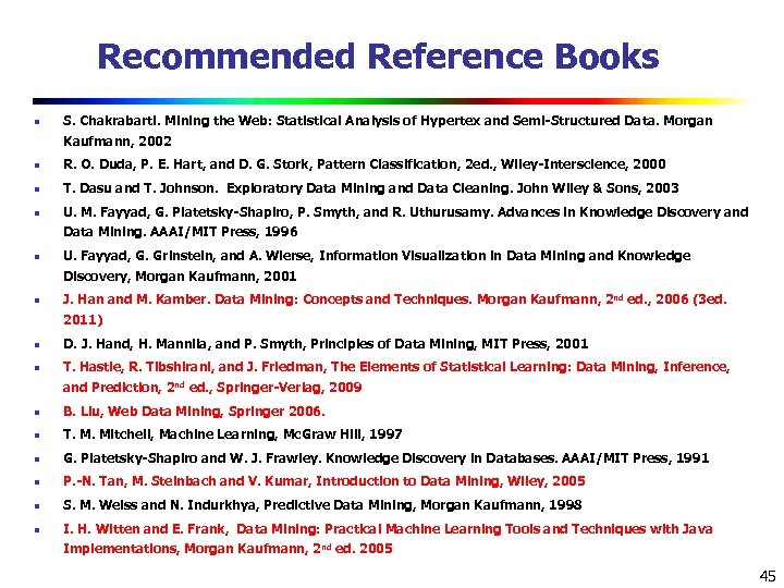 Recommended Reference Books n S. Chakrabarti. Mining the Web: Statistical Analysis of Hypertex and