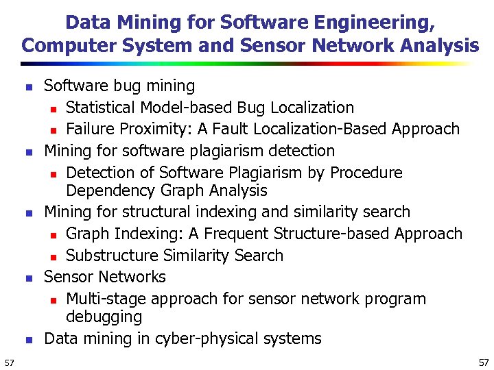 Data Mining for Software Engineering, Computer System and Sensor Network Analysis n n n