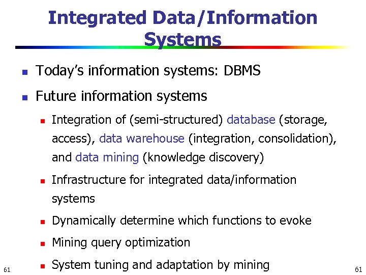 Integrated Data/Information Systems n Today’s information systems: DBMS n Future information systems n Integration