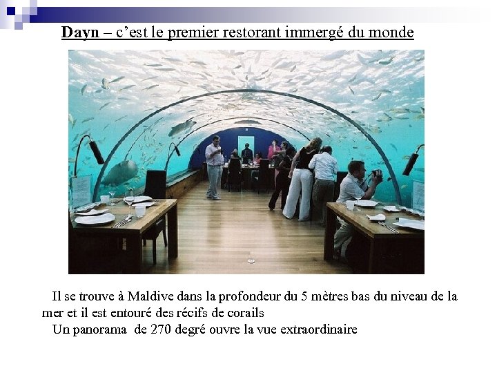 Dayn – c’est le premier restorant immergé du monde Il se trouve à Maldive