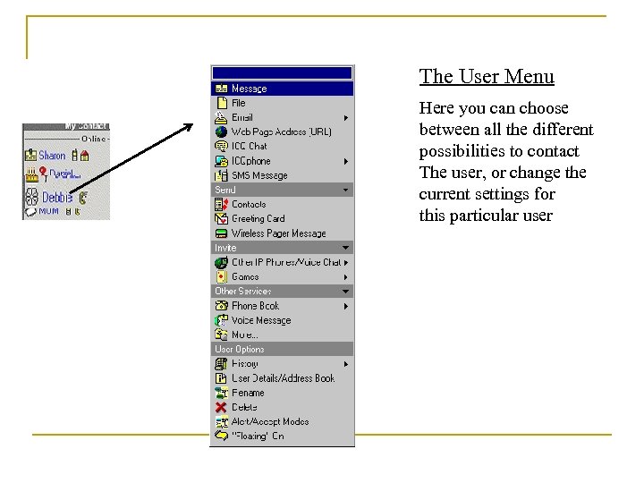 The User Menu Here you can choose between all the different possibilities to contact