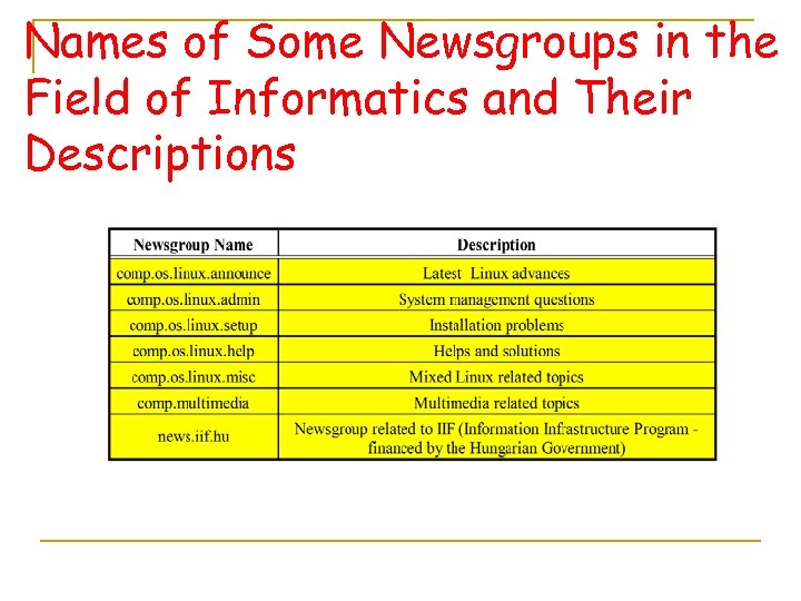 Names of Some Newsgroups in the Field of Informatics and Their Descriptions 