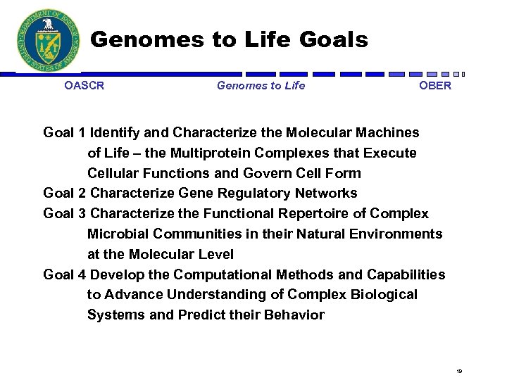 Genomes to Life Goals OASCR Genomes to Life OBER Goal 1 Identify and Characterize