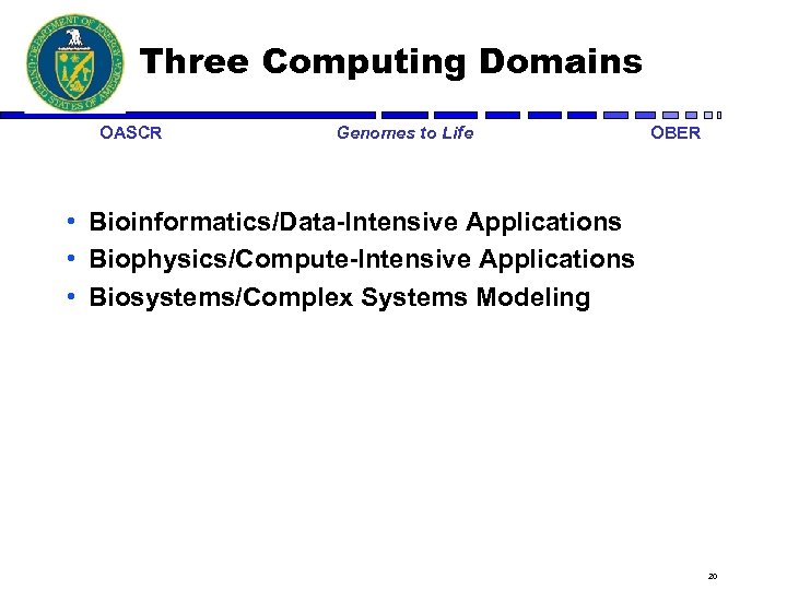 Three Computing Domains OASCR Genomes to Life OBER • Bioinformatics/Data-Intensive Applications • Biophysics/Compute-Intensive Applications