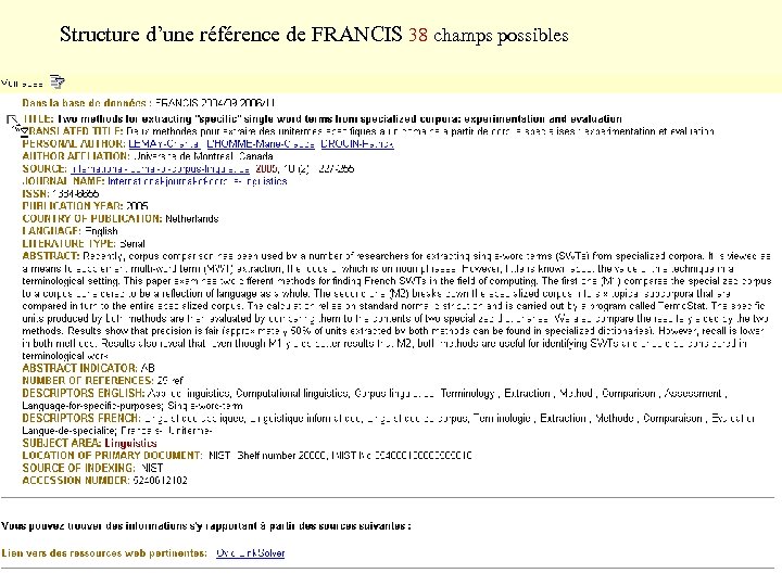Structure d’une référence de FRANCIS 38 champs possibles 