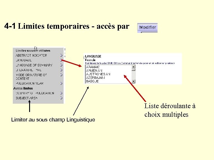 4 -1 Limites temporaires - accès par Limiter au sous champ Linguistique Liste déroulante