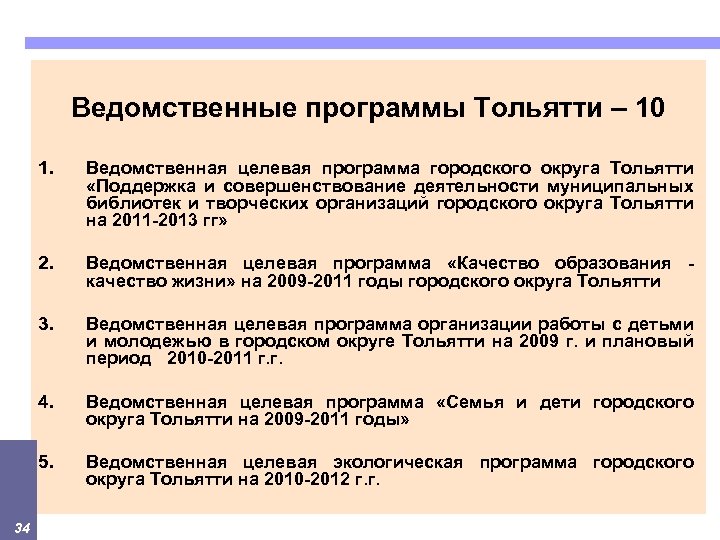Ведомственные программы Тольятти – 10 1. 2. Ведомственная целевая программа «Качество образования качество жизни»