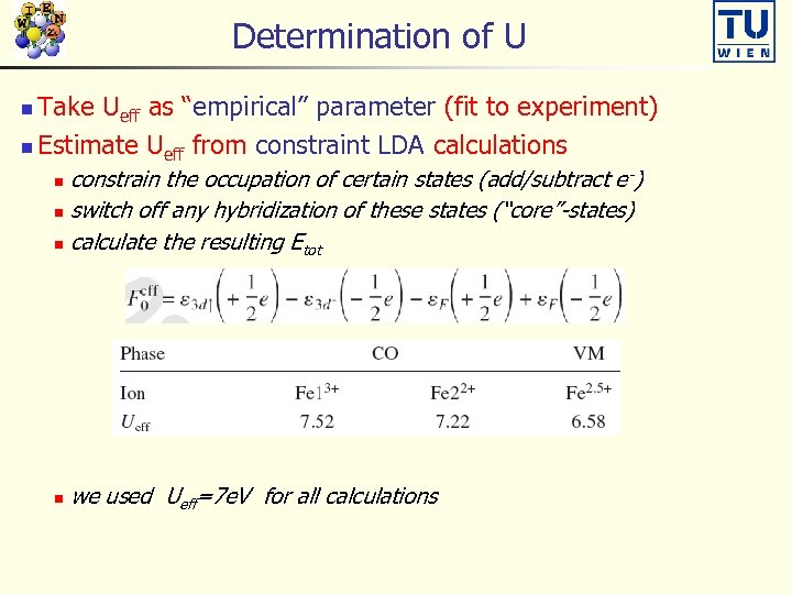 Determination of U Take Ueff as “empirical” parameter (fit to experiment) n Estimate Ueff