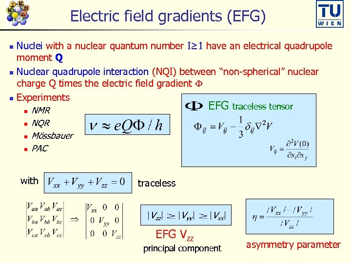 Electric field gradients (EFG) Nuclei with a nuclear quantum number I≥ 1 have an