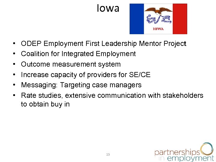 Iowa • • • ODEP Employment First Leadership Mentor Project Coalition for Integrated Employment