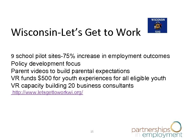 Wisconsin-Let’s Get to Work 9 school pilot sites-75% increase in employment outcomes Policy development