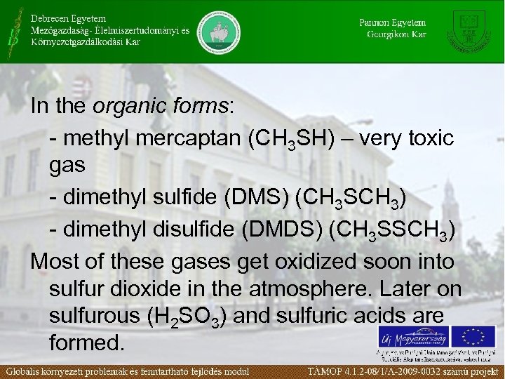 In the organic forms: - methyl mercaptan (CH 3 SH) – very toxic gas