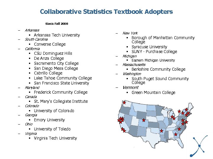 Collaborative Statistics Textbook Adopters Since Fall 2008 – Arkansas – South Carolina – California