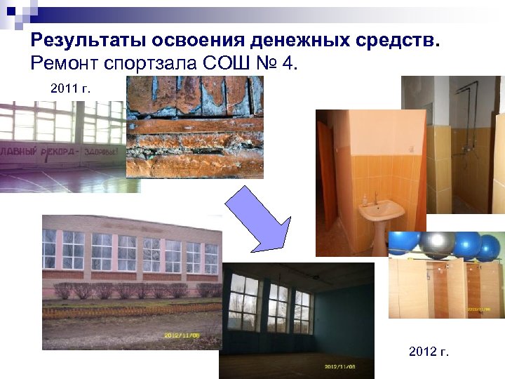 Результаты освоения денежных средств. Ремонт спортзала СОШ № 4. 2011 г. 2012 г. 