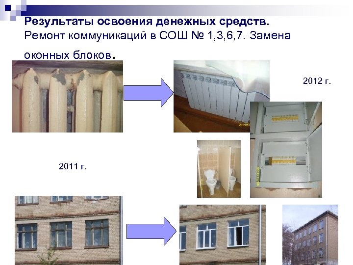 Результаты освоения денежных средств. Ремонт коммуникаций в СОШ № 1, 3, 6, 7. Замена