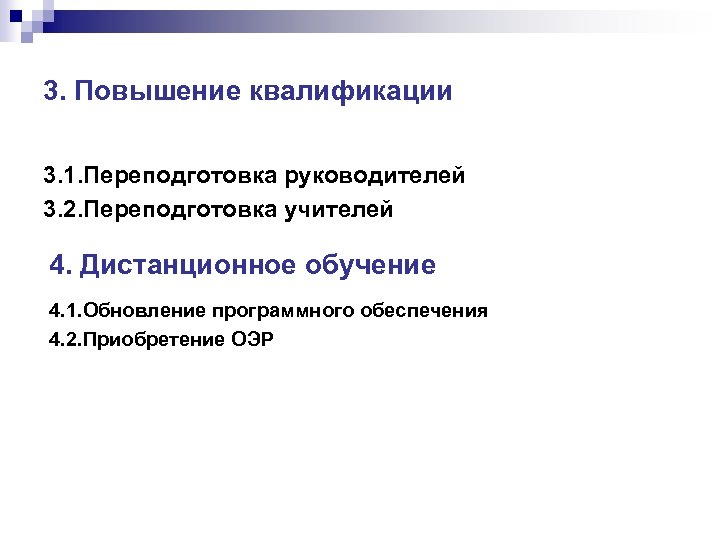 3. Повышение квалификации 3. 1. Переподготовка руководителей 3. 2. Переподготовка учителей 4. Дистанционное обучение