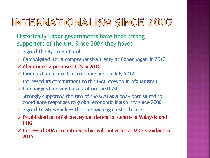 Historically Labor governments have been strong supporters of the UN. Since 2007 they have: