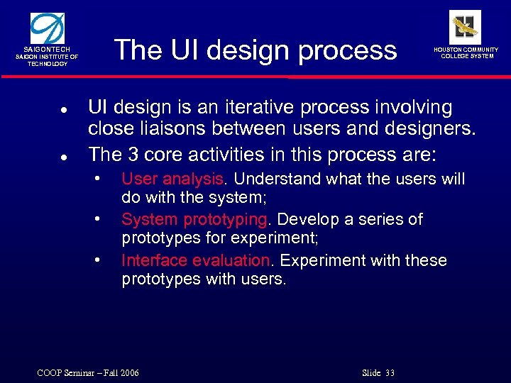 The UI design process SAIGONTECH SAIGON INSTITUTE OF TECHNOLOGY l l HOUSTON COMMUNITY COLLEGE