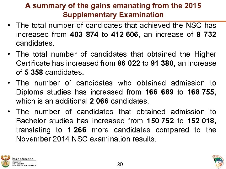  • • A summary of the gains emanating from the 2015 Supplementary Examination