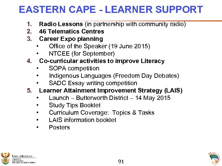 EASTERN CAPE - LEARNER SUPPORT 1. 2. 3. Radio Lessons (in partnership with community