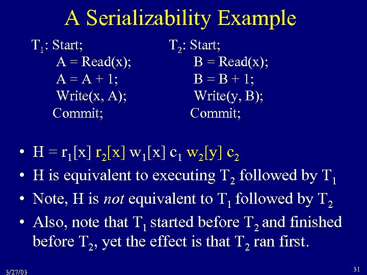 A Serializability Example T 1: Start; A = Read(x); A = A + 1;